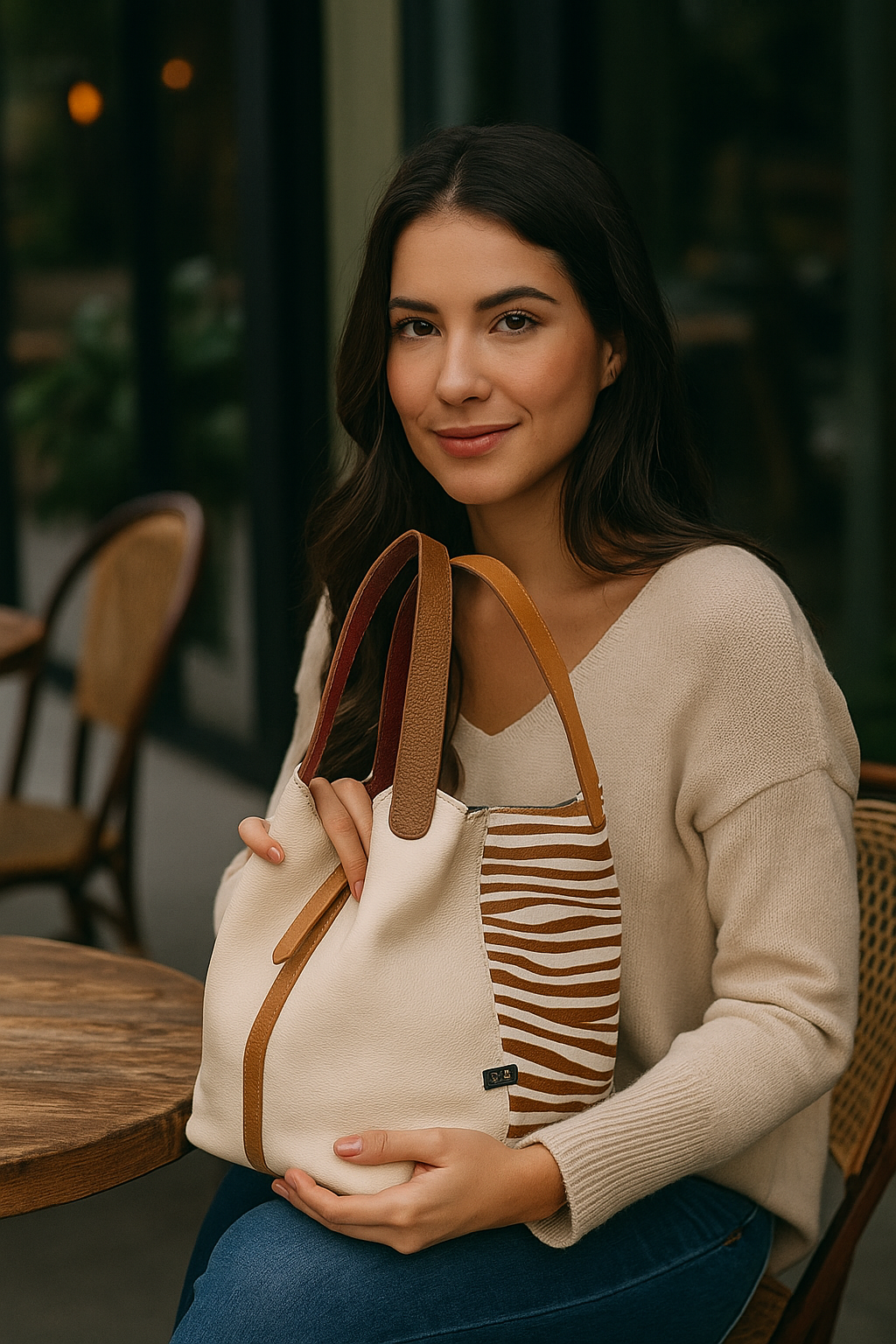 Mujer con bolso en cuero