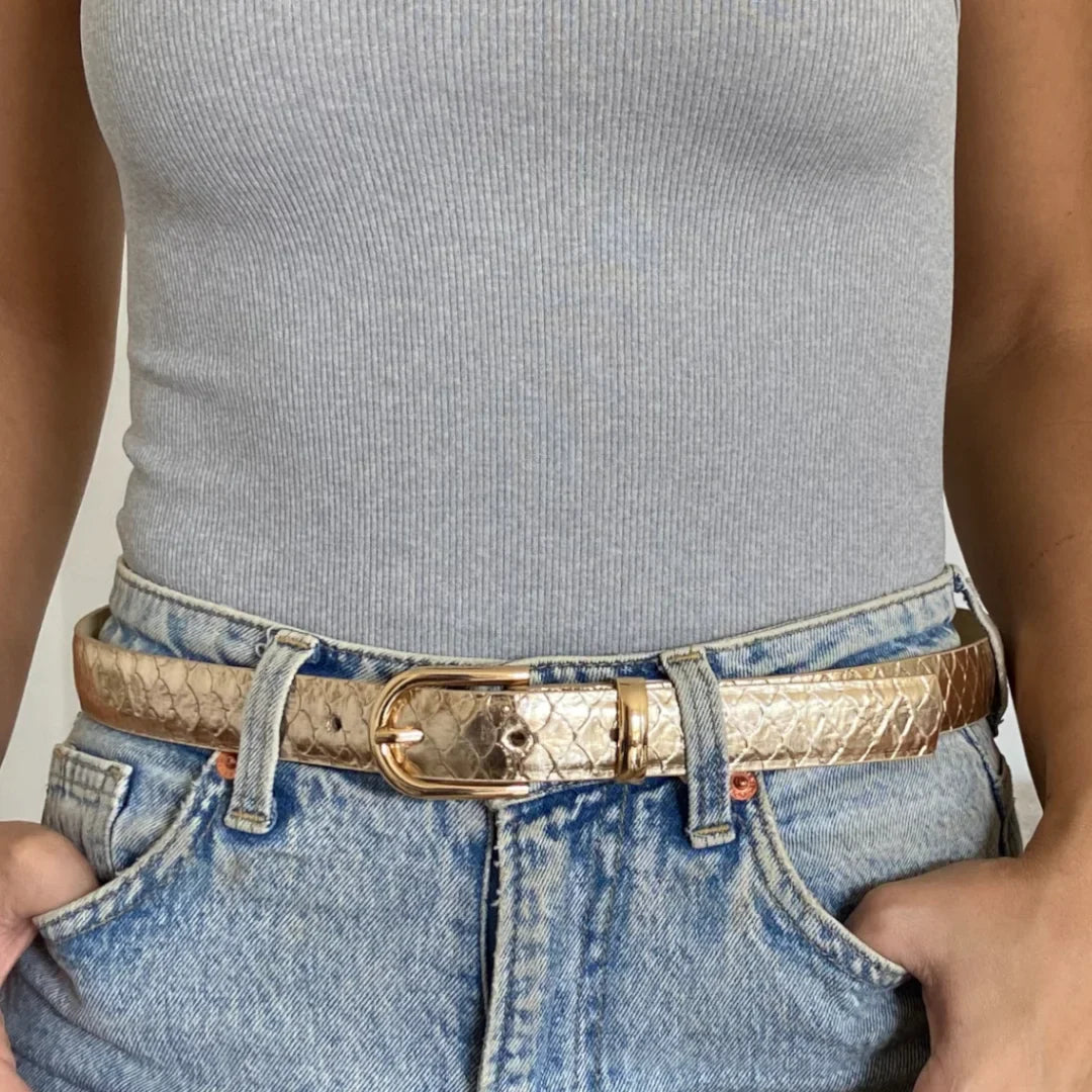 Cinturon en cuero para mujer color oro 