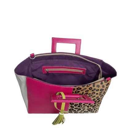 Bolso en cuero para mujer Sabrina Fucsia con piel al pelo