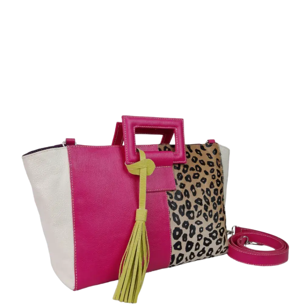Bolso en cuero para mujer Sabrina Fucsia con piel al pelo