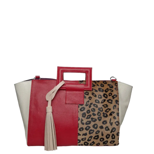 Bolso en cuero para mujer color rojo con jaguar miel con negro