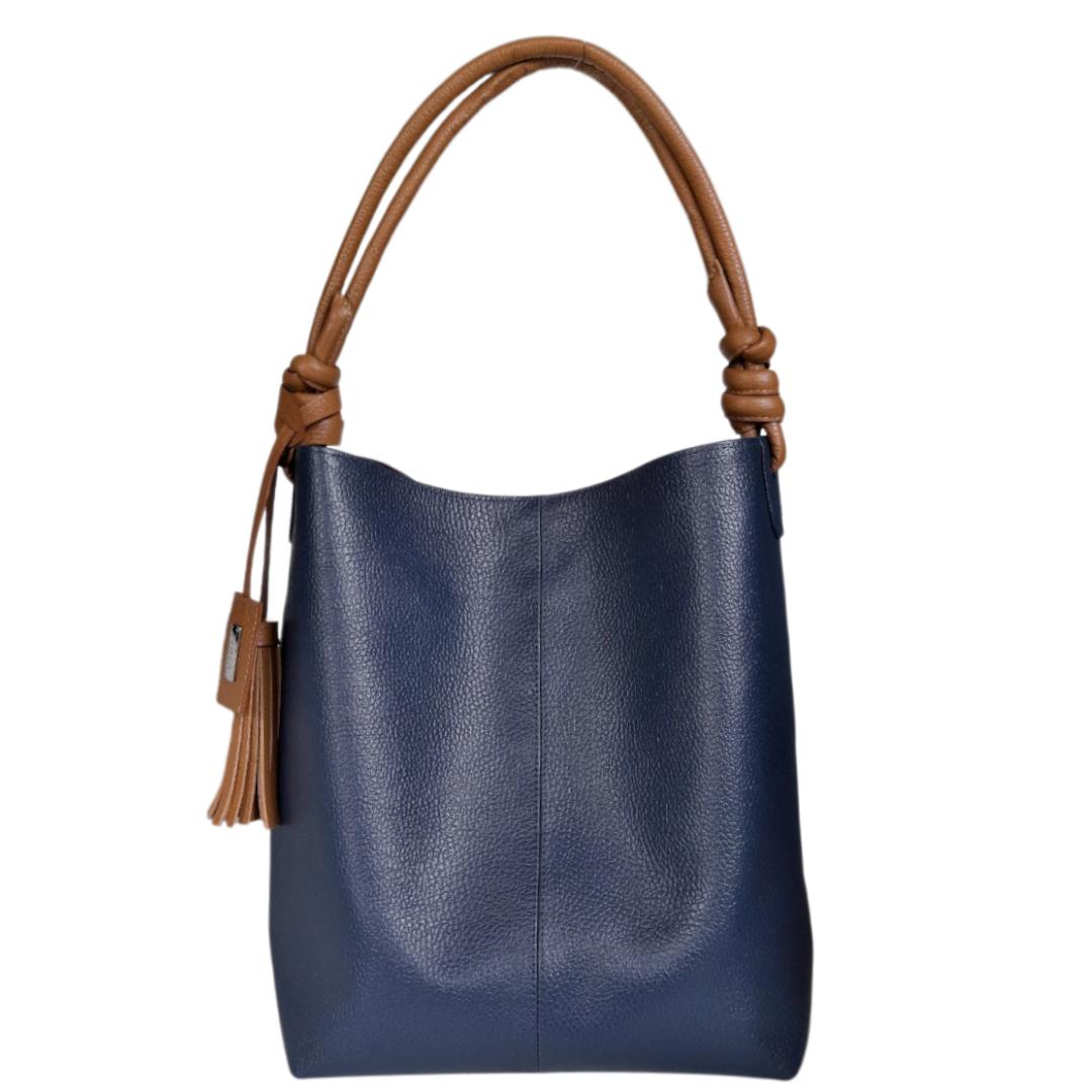 Bolso en cuero para mujer azul oscuro con miel