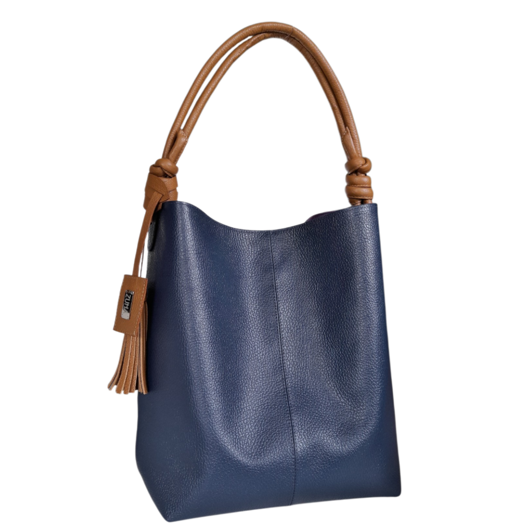 Bolso en cuero para mujer azul oscuro y miel
