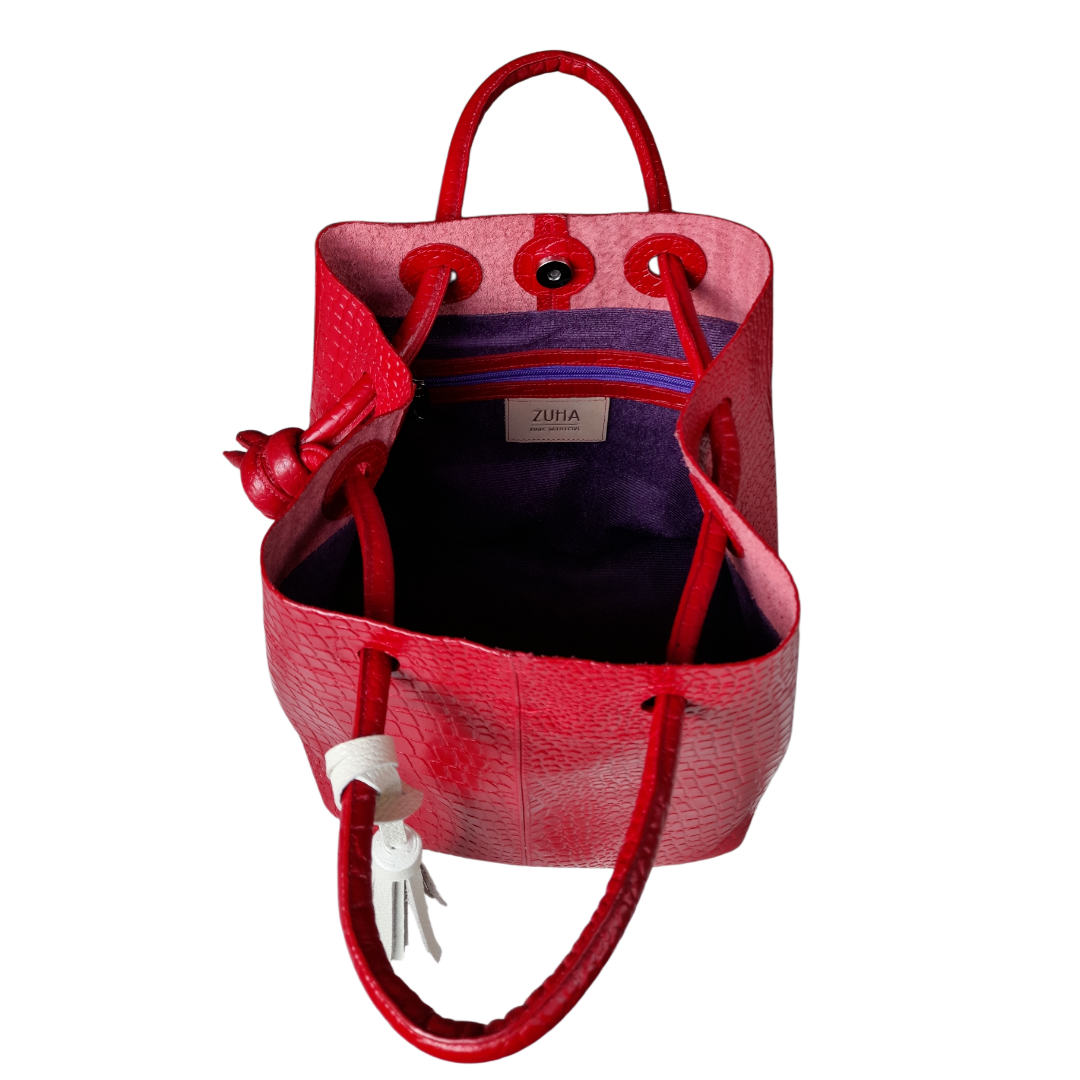 Bolso cuero mujer reptil rojo interior