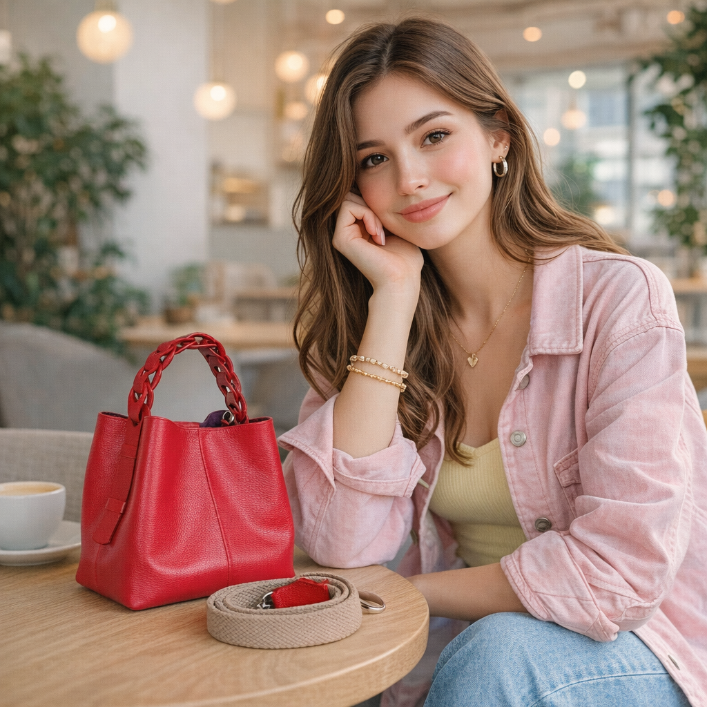 Mujer joven con bolso en cuero color rojo sobre la mesa
